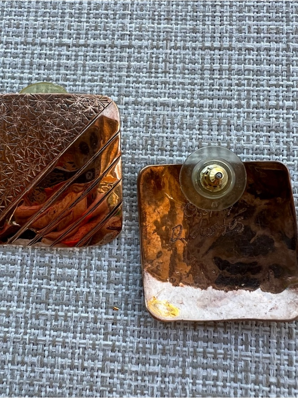 Handcrafted In 1989 Signed By The Artist Square Art Deco Copper Pierced Earrings - Picture 3 of 6